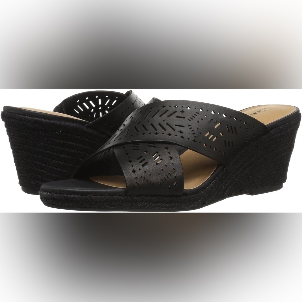 Lucky Brand Black Perforated Leather Wedge Sandals
